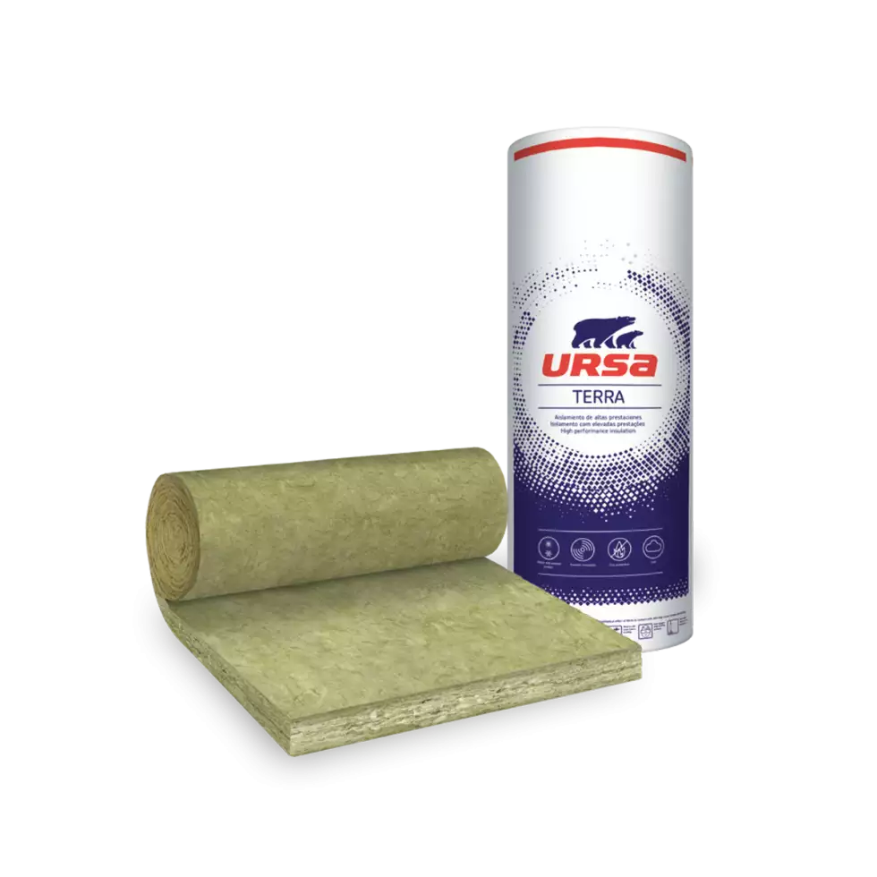 A roll of URSA hometec 40 rolled out with the packaging next to it displayed on a transparent background