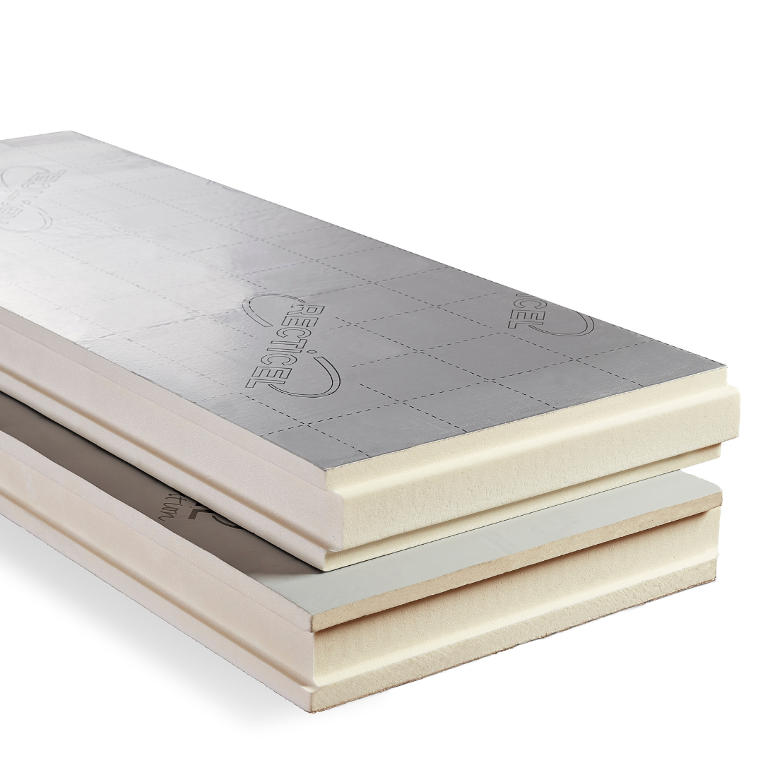 A Recticel Eurowall Full Fill cavity insulation board stacked upon other boards