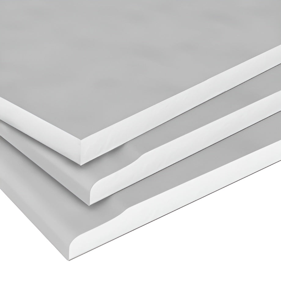 A stack of tapered edge plasterboard displayed on a white background