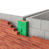 Brick wall construction with a green cavity stop sock labelled 'arc'.