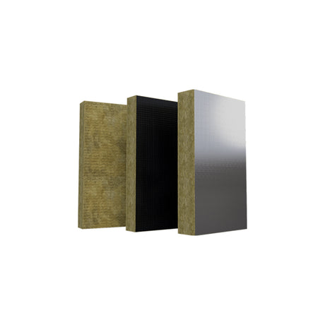 All three types of Rockwool soffit slab (plain, foil faced, black tissue faced) displayed on a white background